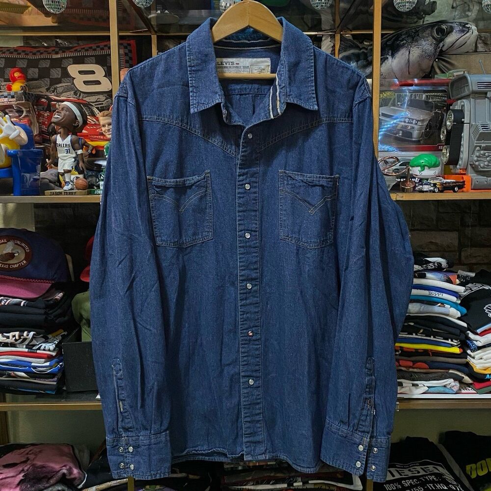Levi's Denim Western Pearl Snap Shirt Mens X-Large Blue Workwear XL Red Snap